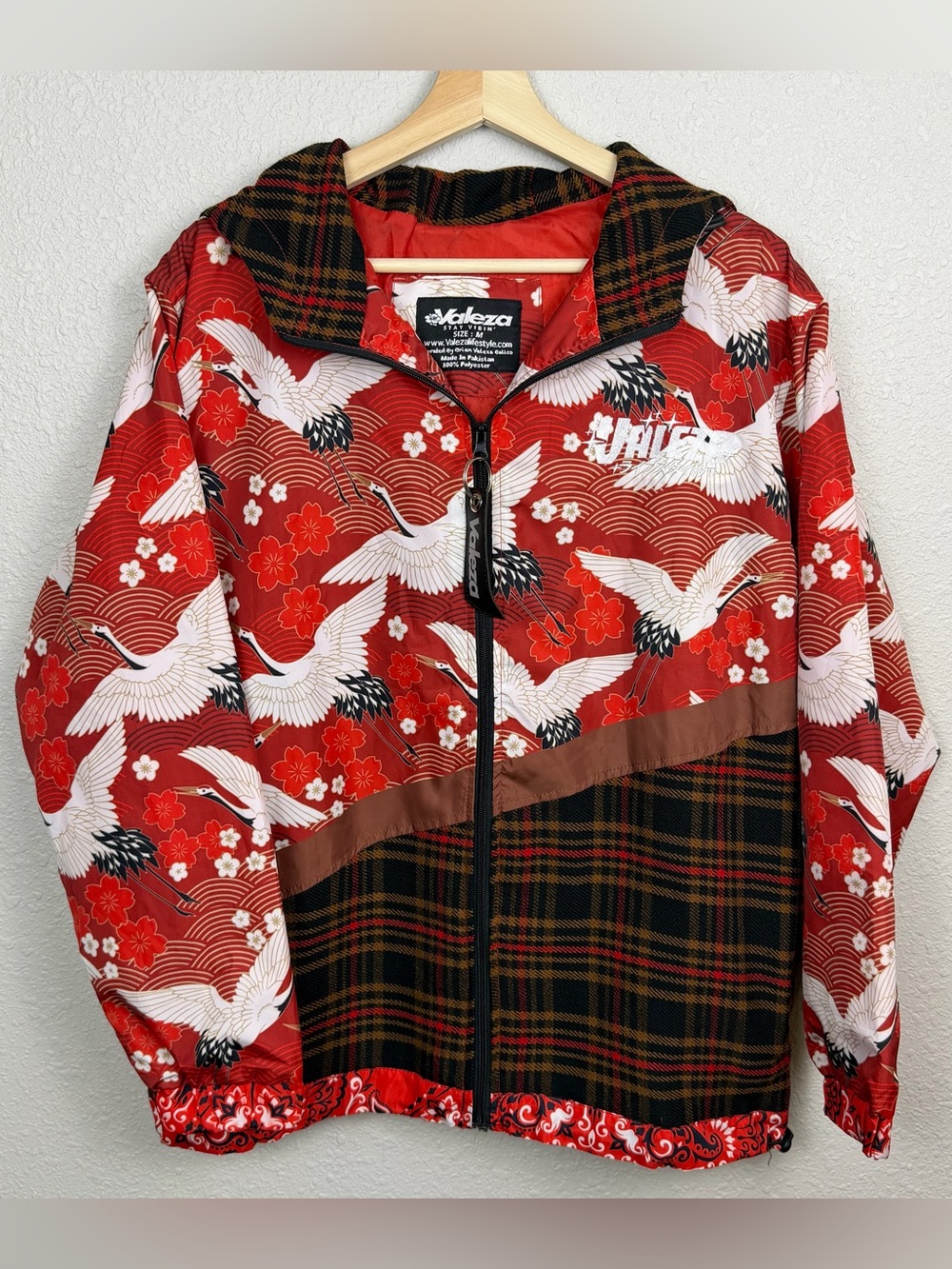 Valeza Anime Jacket Mens M Samurai Crane Plaid Japanese Streetwear Hooded